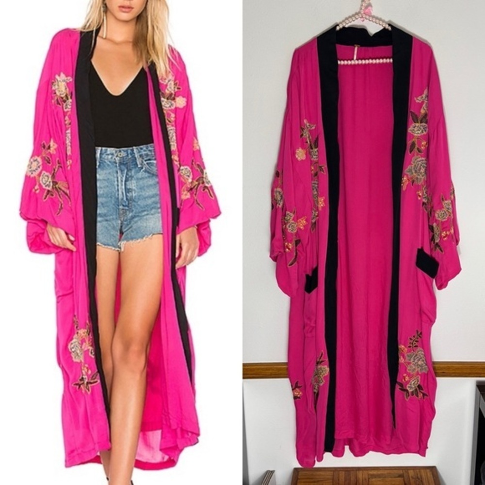 Free People hot pink embroidered floral long kimono size XS/S